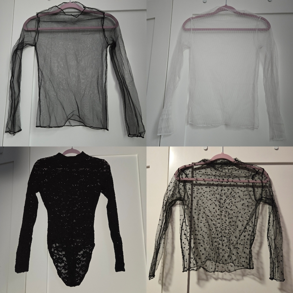 FOUR Tops Mesh Sheer Black White Lace Hearts Diamonds